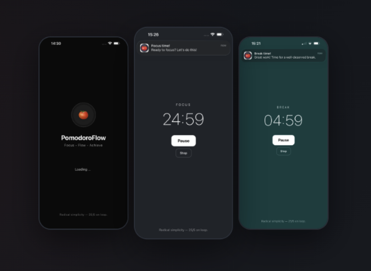 PomodoroFlow app splash screen with tomato icon and Focus • Flow • Achieve tagline